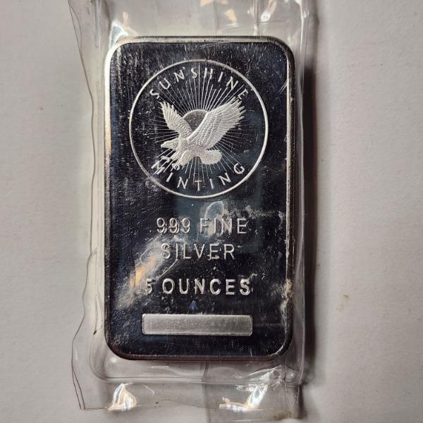 Sunshine Minting 999 Fine Silver 5 Troy Ounce Bar in Plastic!