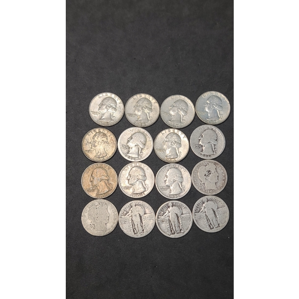 Assorted Years/Mints 90% Silver Barber, Standing Liberty & Washington Quarters - Face Value: $4.00