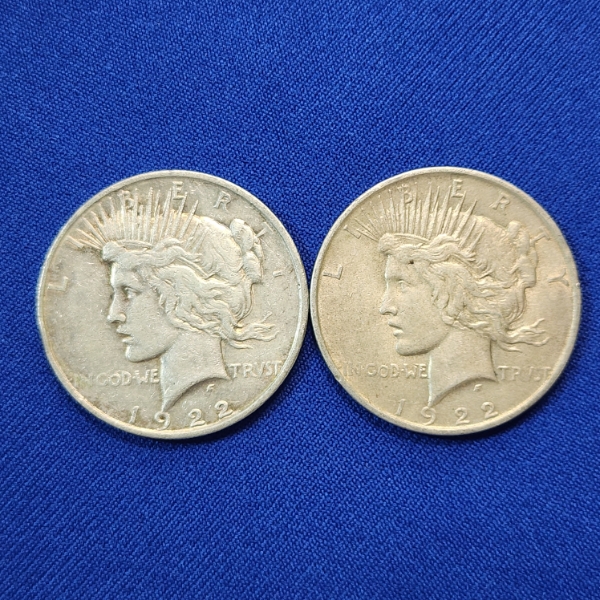 Two 1922-D United States Silver Peace Dollars - 90% Silver