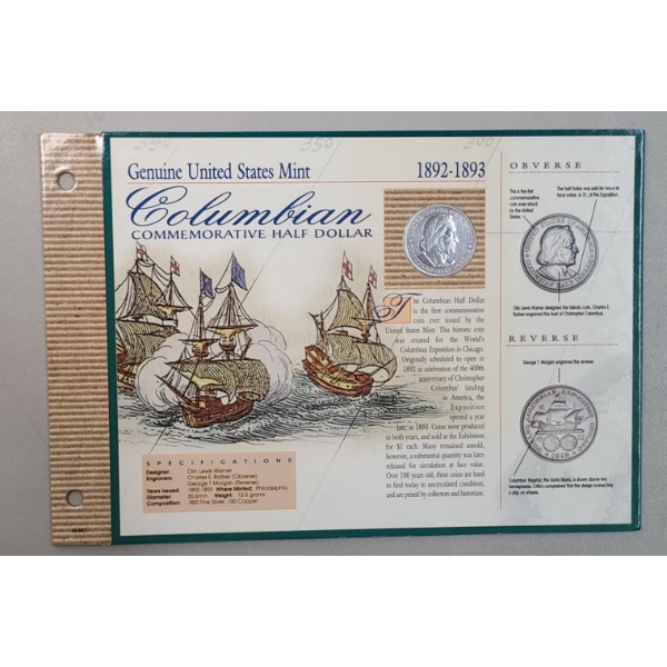 1893 Columbian Exposition Commemorative 90% Silver Half Dollar In Educational Display Card