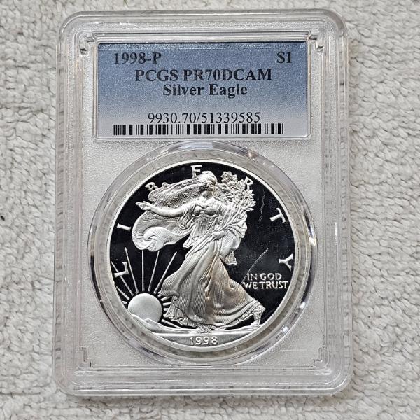 1998-P 99.9% Pure Silver American Silver Eagle Proof coin graded PR70 DCAM (Deep Cameo) by PCGS