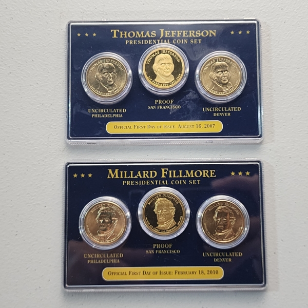 Two U.S. Presidential Dollar Coin Sets FDOI: Jefferson & Fillmore - Face Value: $6.00