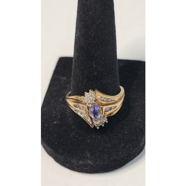 Women's Vintage 10K Yellow Gold Marquise-Cut Tourmaline Ring With Diamonds - Size 10 - Weight: 4.1g