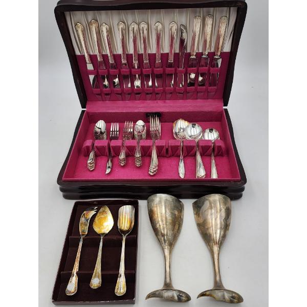 Nice Assortment of Silver-Plated Flatware, Heart-Shaped Goblets, in Wooden Holder ~ 5lbs