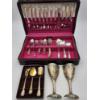 Image 1 : Nice Assortment of Silver-Plated Flatware, Heart-Shaped Goblets, in Wooden Holder ~ 5lbs