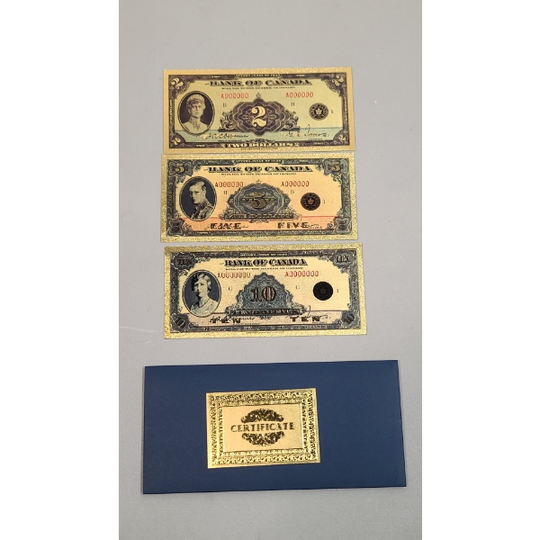 (3) "Bank Of Canada" 24K Gold Foil Novelty Banknotes Set w/ COA 