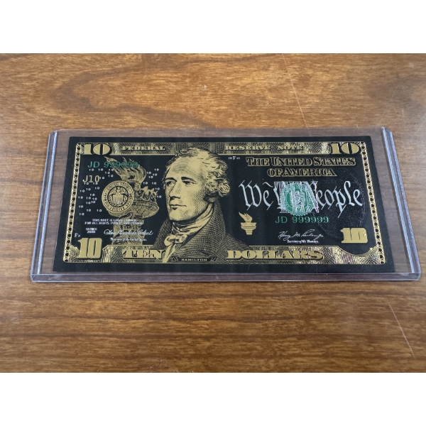Hamiliton $10 Collector Gold Foil .999999 - 24K Gold Note In Protective Holder - Mint Condition