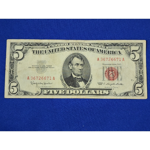 United States Series 1963 $5 Red Seal Note SN: A36726671A