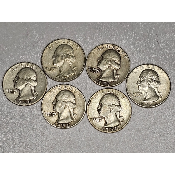 6 Count 90% Silver Washington Quarters - AFV $1.50 Total ~