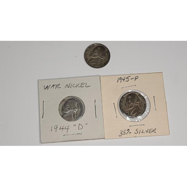 1943-P, 1944-D, 1945-P Jefferson Wartime 35% Silver Nickels - Face Value: $0.15