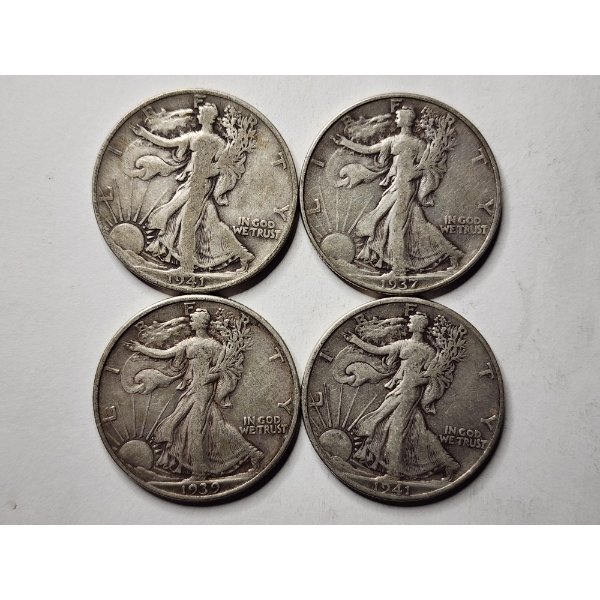 Four 90% Silver United States Walking Liberty Half Dollars ~ $2.00 in Face Value! ~ 