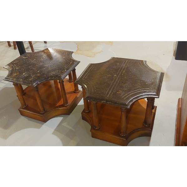 Pair Of 8 Sided Wood & Marble Top End Tables - Elaborate Crafting On Marble Surface - See Pictures 