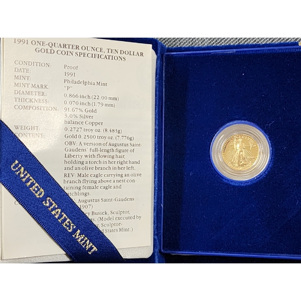 1991 One Tenth Ounce PROOF $5 American Eagle Gold Bullion Coin - 1/10th OZ OF GOLD!