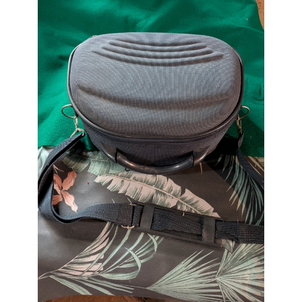 Navy Hard Shell Case With Strap, 4 Cute Cat Ornaments, 9" Lady Figurine, And Small Purse.