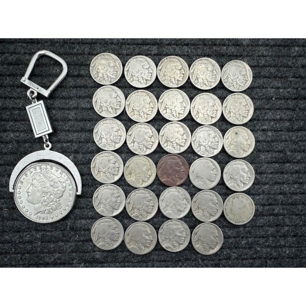 Buffalo Nickels, V Nickel, & 1901-O Morgan Dollar on Keychain
