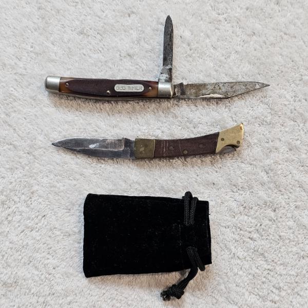 Two Vintage Folding Pocket Knives and Velvet Storage Pouch