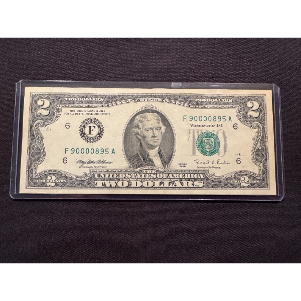 1995 United States $2.00 Jefferson Rare 4 Of A Kind Serial # Bill - Exceptional Condition - 4 Zeros