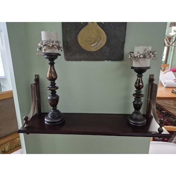 PICKUP IN NORTHFIELD - Wood Wall Rack With Pair Of Candlesticks  Rack Is 30 x 19