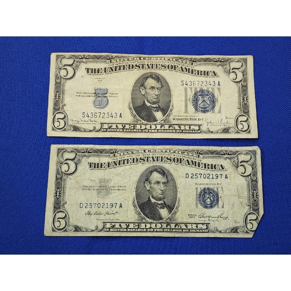 x2 United States Blue Seal $5 Silver Certificates: Series 1934 D & 1953 - FV: $10.00