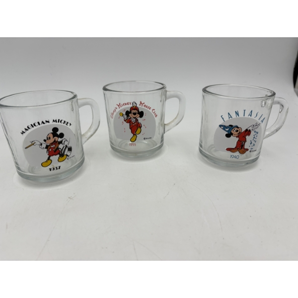 Mickey Mouse Glass Mugs - Fantasia 1940 - Mickey Mouse Club 1955 - Magician Mickey 1937 