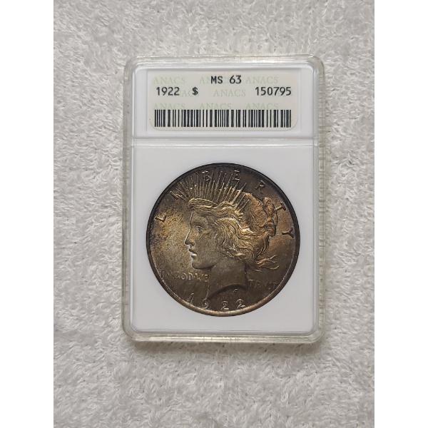 ANACS MS63 Graded 1922 Silver Peace Dollar - Nice Toning!