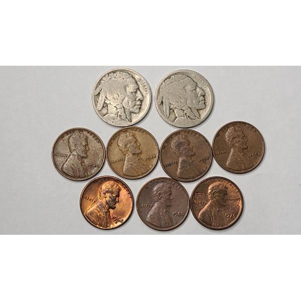 United States Buffalo Nickels & Lincoln Wheat/Memorial Cents - Face Value: $0.17