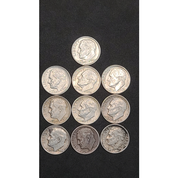 Assorted Years/Mint Marks 90% Silver Roosevelt Dimes - Face Value: $1.00