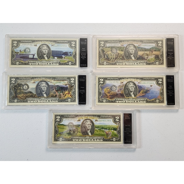 Lot of 5 Colorized U.S. Uncirculated $2 National Parks & Statehood Bills 