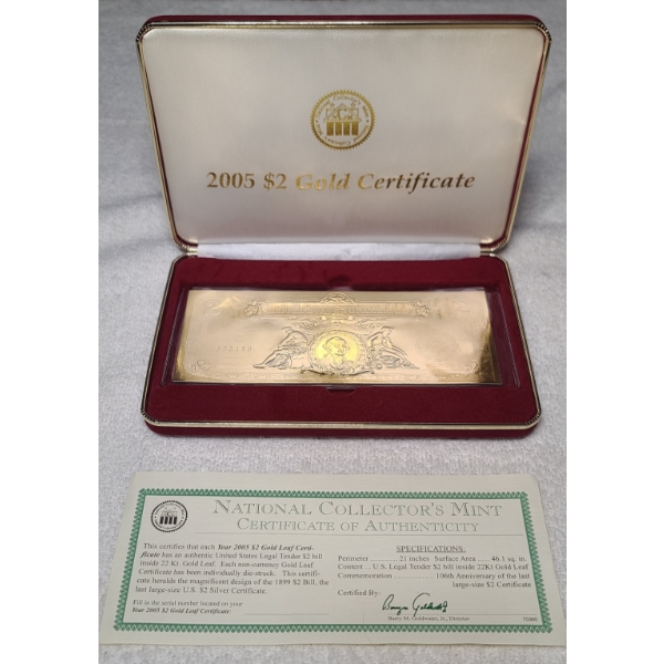 National Collector's Mint 2005 $2 Gold Leaf Certificate 
