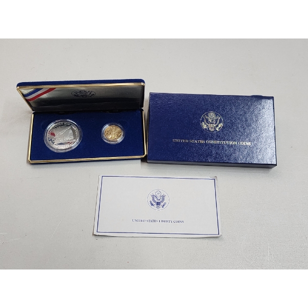 United States Constitution Coins: 1987 Gold $5 Coin 0.387ozt & 1987-S Silver Dollar Coin 0.8594ozt