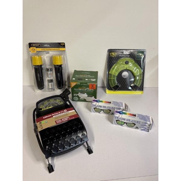 Led Flashlights battery operated - Adjustable Putting Cup - 2 Blue Light Blocker sunglasses - Solar 