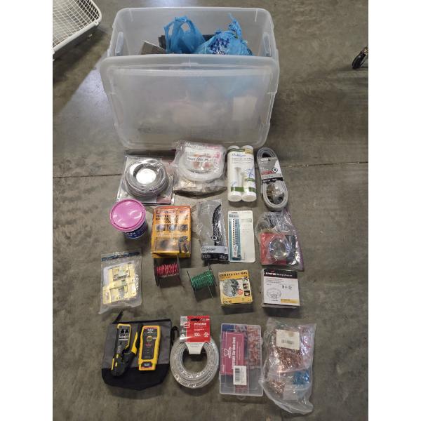 Large Storage Container With New Hardware Items Including Wire, Cords, Filters, Electrical Testers &
