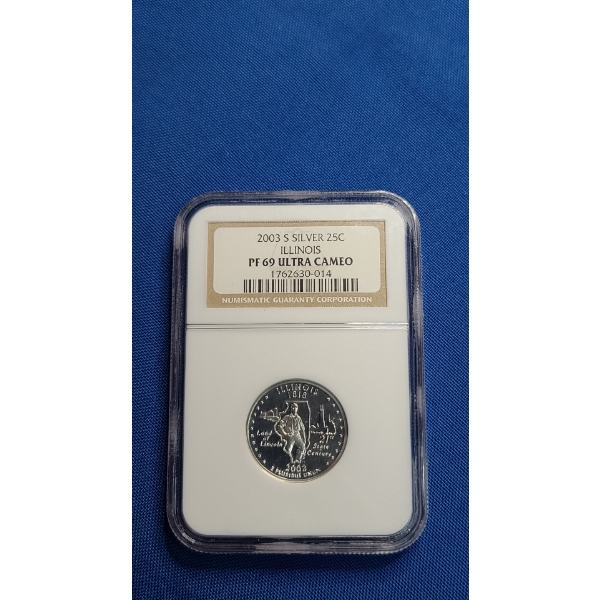 NGC 2003-S PF 69 ULTRA CAMEO 90% Silver Illinois State Quarter 