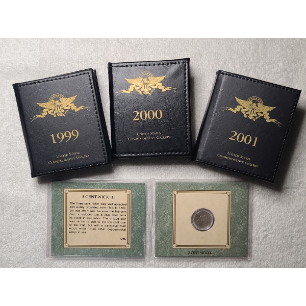 United States 1865 Three Cent Nickel With Display & Three U.S. Commemorative Gallery Quarter Books