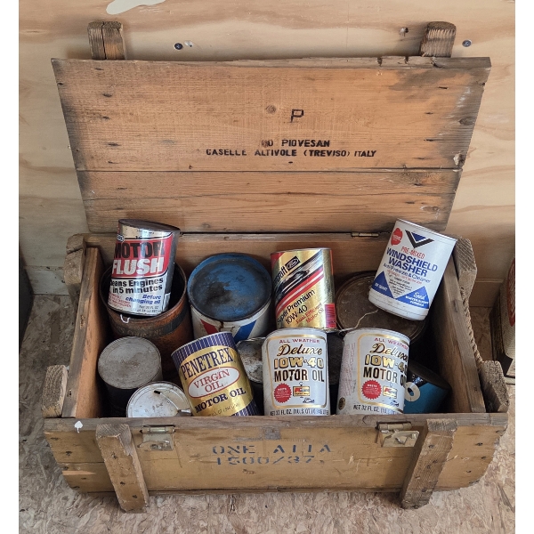 Large Vintage Wooden Crate With Excellent Collection Of Assorted Vintage Oil Cans