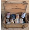 Image 1 : Large Vintage Wooden Crate With Excellent Collection Of Assorted Vintage Oil Cans