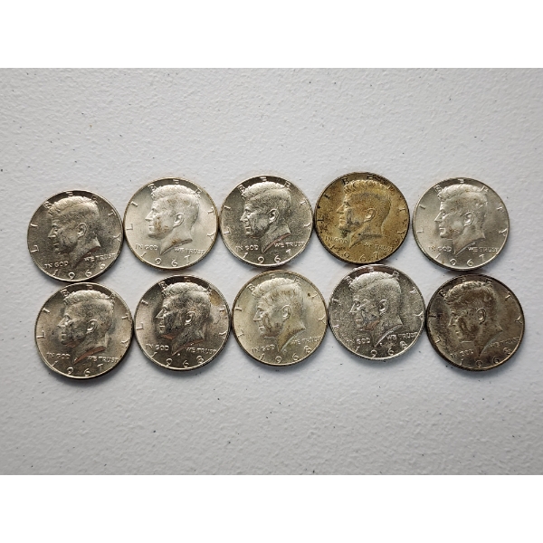 x10 Assorted Years 40% Silver Kennedy Half Dollars FV: $5.00