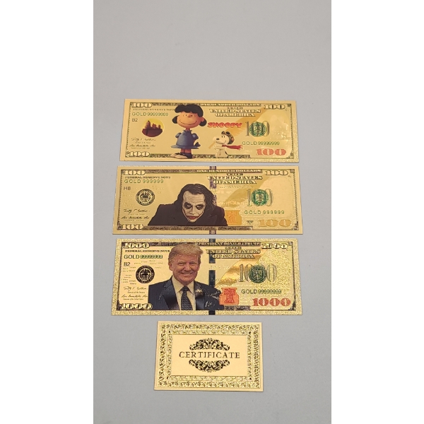 (3) 24K Gold Foil Banknotes w/ COA - Donald Trump, Joker & Lucy