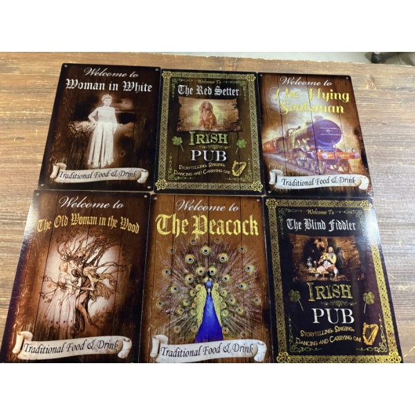 6 Tin 12''x9'' Decorative Welcome Signs -  Includes the Peacock - Irish Pub - Woman in White & More