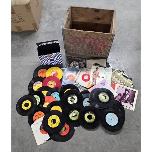 Vintage Cotton Club Wood Crate & Collection Of 45 Records -No Shipping