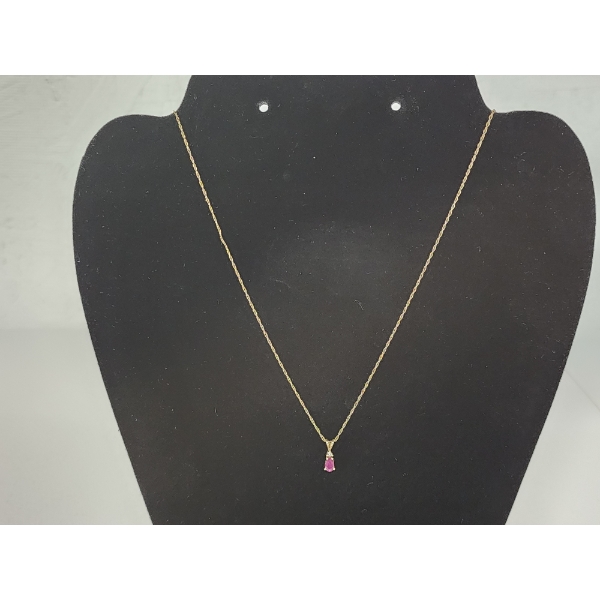 14K Gold Necklace with Pink Stone Pendant - 20in - TW: 1.3g