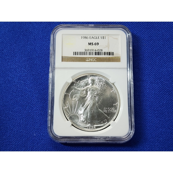 1986 $1 American Siver Eagle 1 oz Fine Silver Graded by NGC MS 69