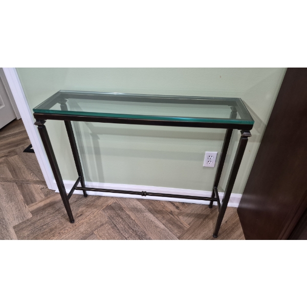 PICKUP IN NORTHFIELD - Small Metal & Glass Top Console Table 36 x 10 x 30 Tall (Thick Glass Top)