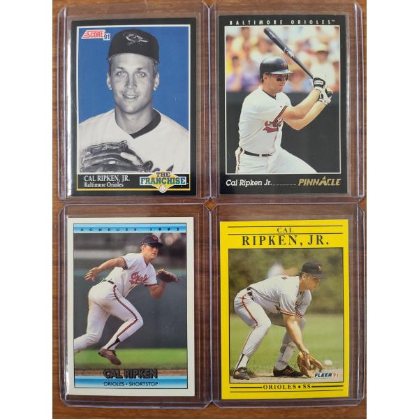 Lot of Four Assorted Cal Ripken Jr. Trading Cards - Score 91, Pinnacle, Donruss 1992 & Fleer 91