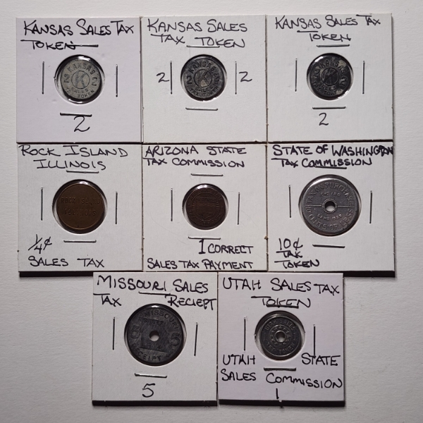 Eight Assorted State Tax Tokens Including Kansas, Illinois, Arizona, Washington Missouri & Utah!