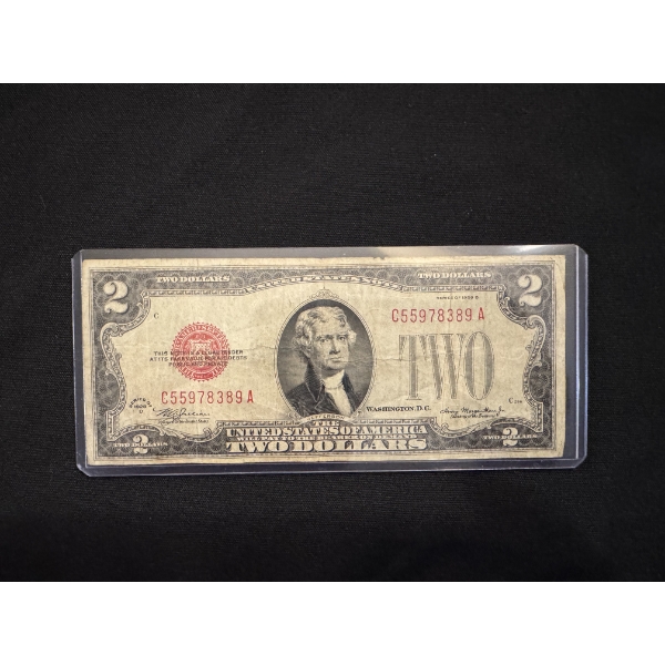  1928 United States Jefferson $2.00 Bill In Protective Holder - Excellent Condition
