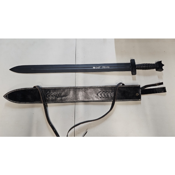 Hand-Forged Carbon Steel 37-Inch Black Edition Radulf Inscribed Viking Sword With Leather Scabbard