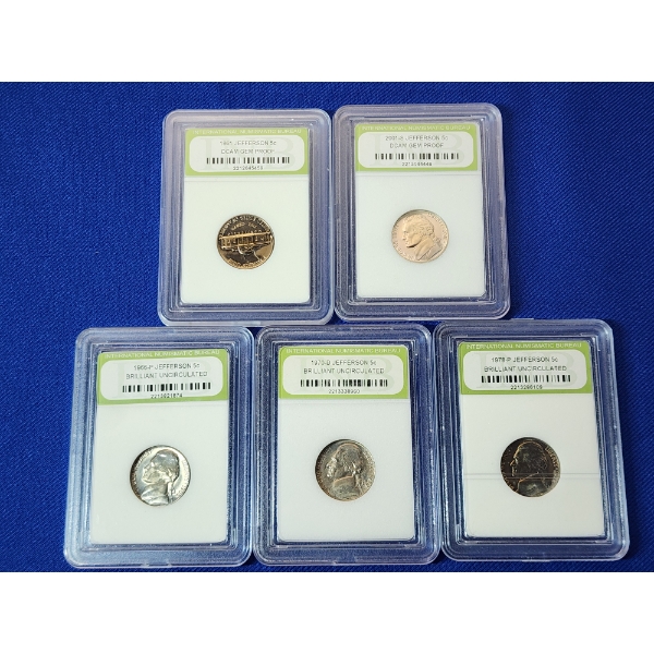 x5 INB Jefferson Nickels Including DCAM Gem Proof, BU, Assorted Years