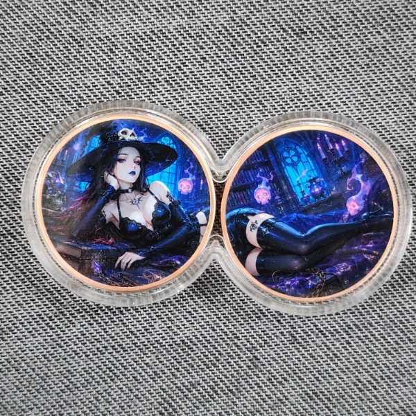 2 Coin Infinity Case W/ 2 Ounces of .999 Fine Copper Colorized FT. Seductive Witch Design