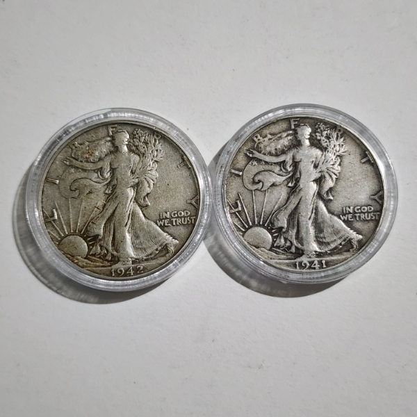 Two 90% Silver Walking Liberty Half Dollars ~ 1942 & 1941-D ~ $1.00 Face Value